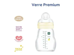 Mam Biberão de vidro 170 ml branco +0m, tetina SkinSoft fluxo lento, boca larga, resistente ao calor