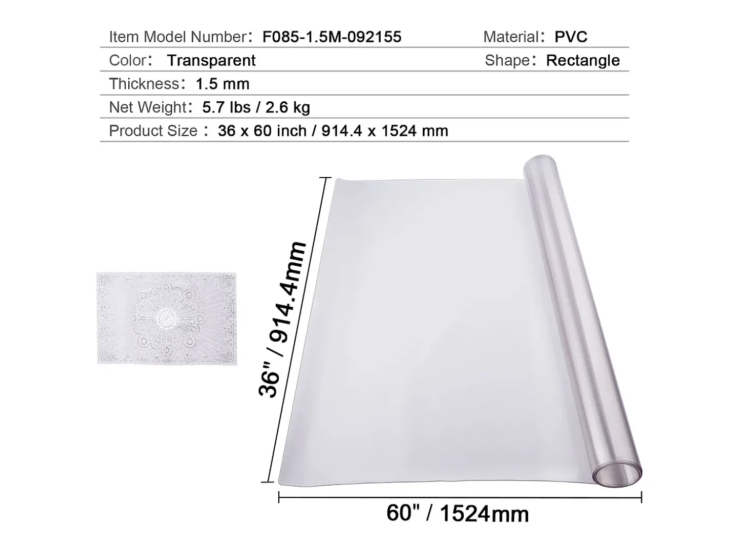 Mantel SucceBuy Proteção de Mesa em PVC, 91 X 152 CM, Tapete de Escritório em Plástico Congelado, 0.15CM de Espessura
