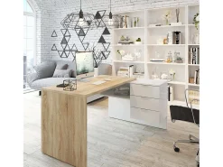Mea Greenboro, mea de ecritório multifuncional reverível com gaveta, mea de etudo ou ecritório com uporte para PC de canto, 145x108h73 cm, carvalho e branco