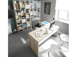 Mea Greenboro, mea de ecritório multifuncional reverível com gaveta, mea de etudo ou ecritório com uporte para PC de canto, 145x108h73 cm, carvalho e branco