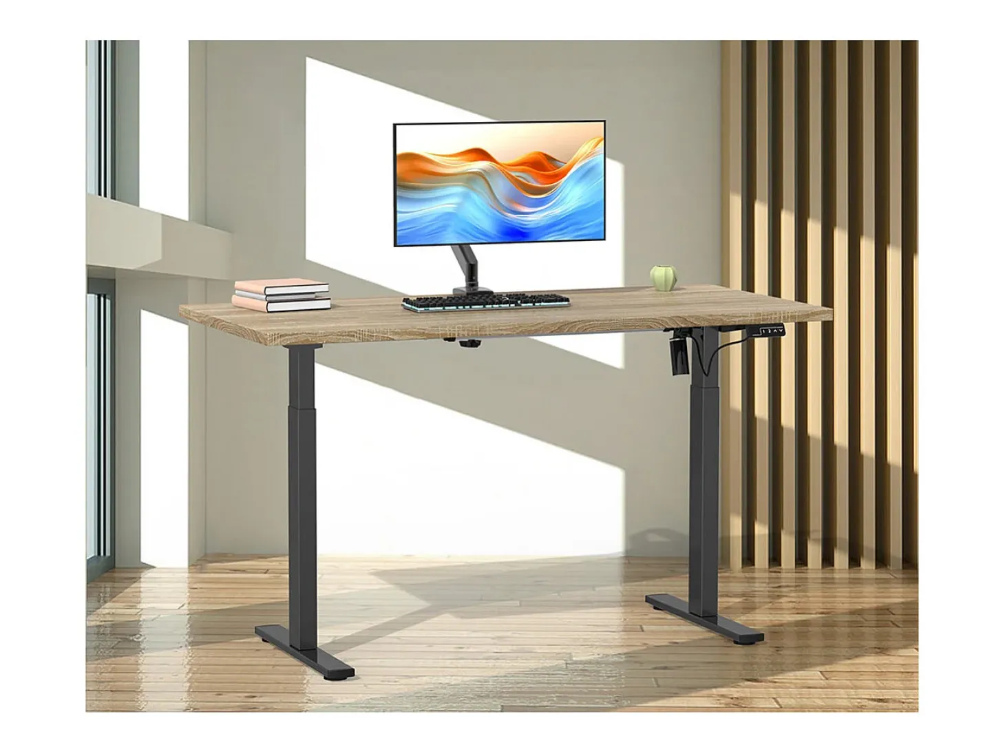 Mesa ajustável de altura VCM | Stepless 71-120 cm Altura elétrica ajustável | Dimensões do computador 140x50 | Mesa de escritório Lona (Preto / Sonoma Oak)