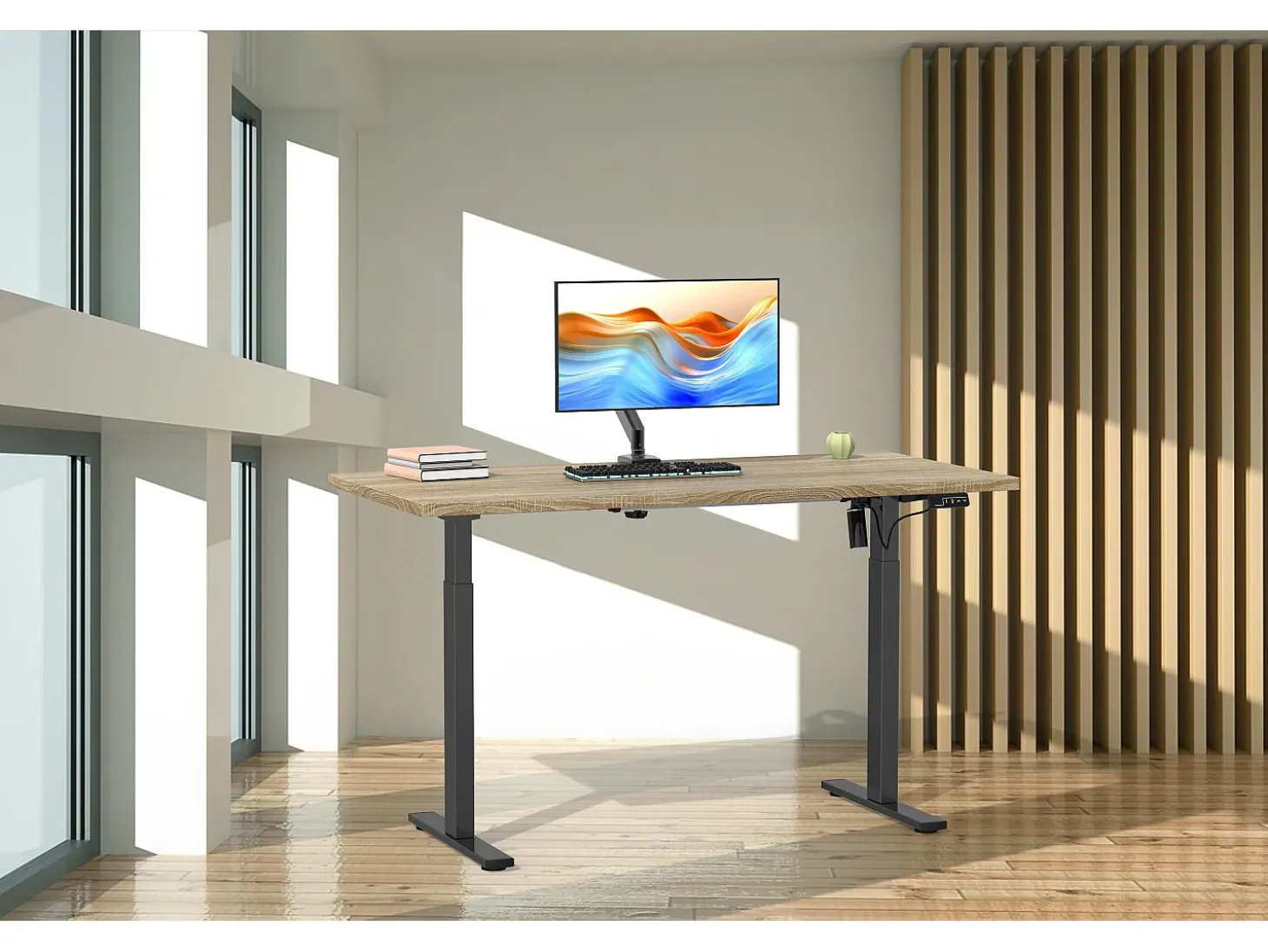 Mesa ajustável de altura VCM | Stepless 71-120 cm Altura elétrica ajustável | Dimensões do computador 140x50 | Mesa de escritório Lona (Preto / Sonoma Oak)