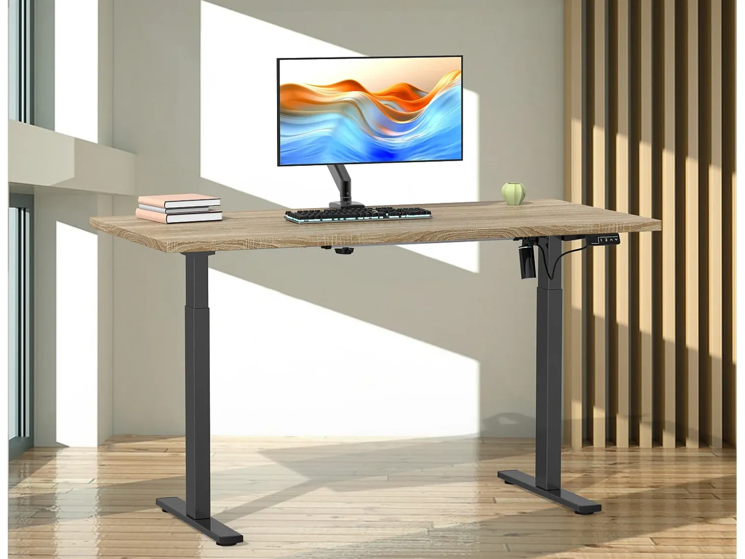 Mesa ajustável de altura VCM | Stepless 71-120 cm Altura elétrica ajustável | Dimensões do computador 140x50 | Mesa de escritório Lona (Preto / Sonoma Oak)