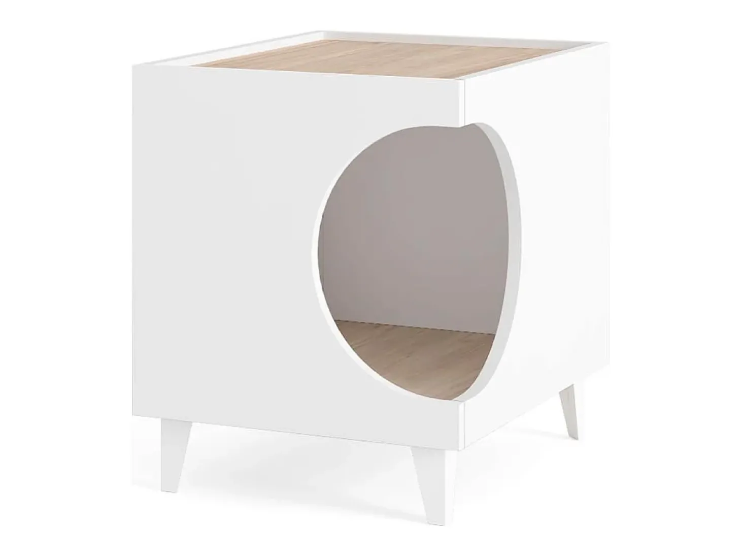 Mesa Animal Ellie, cor Branco e Carvalho, orifício de entrada lateral, 1 porta, 46x37x49cm