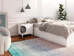 Mesa Animal Ellie, cor Branco e Carvalho, orifício de entrada lateral, 1 porta, 46x37x49cm