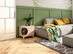 Mesa Animal Ellie, cor Carvalho e Branco, orifício de entrada lateral, 1 porta, 46x37x49cm