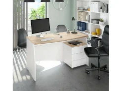 Mesa Carrollton, mesa de escritório, mesa de estudo para PC com 3 gavetas, 136x67h74 cm, Branco e Carvalho