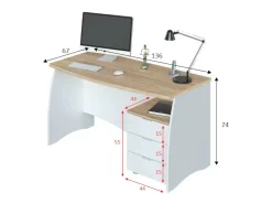 Mesa Carrollton, mesa de escritório, mesa de estudo para PC com 3 gavetas, 136x67h74 cm, Branco e Carvalho