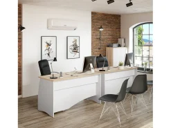 Mesa Carrollton, mesa de escritório, mesa de estudo para PC com 3 gavetas, 136x67h74 cm, Branco e Carvalho