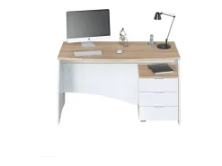 Mesa Carrollton, mesa de escritório, mesa de estudo para PC com 3 gavetas, 136x67h74 cm, Branco e Carvalho