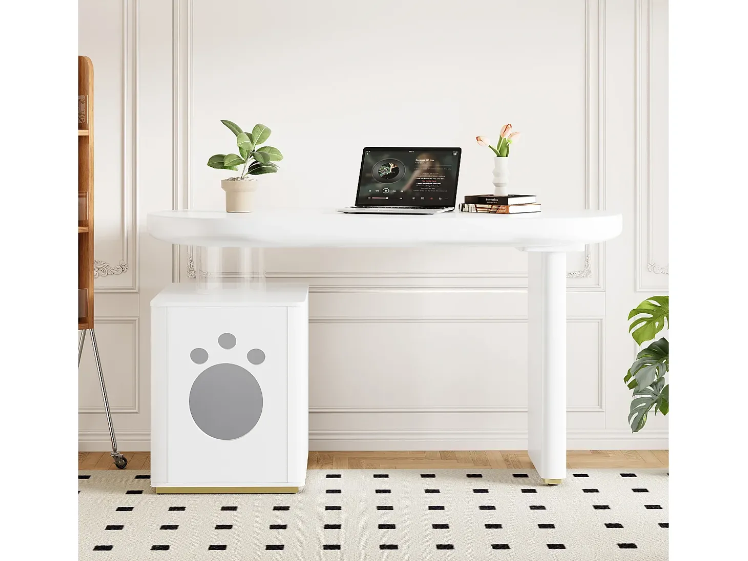 Mesa com nicho para animais - 117×50×76 cm - Pés reforçados - Para animais de porte M a XL - Acabamento laqueado - Branco