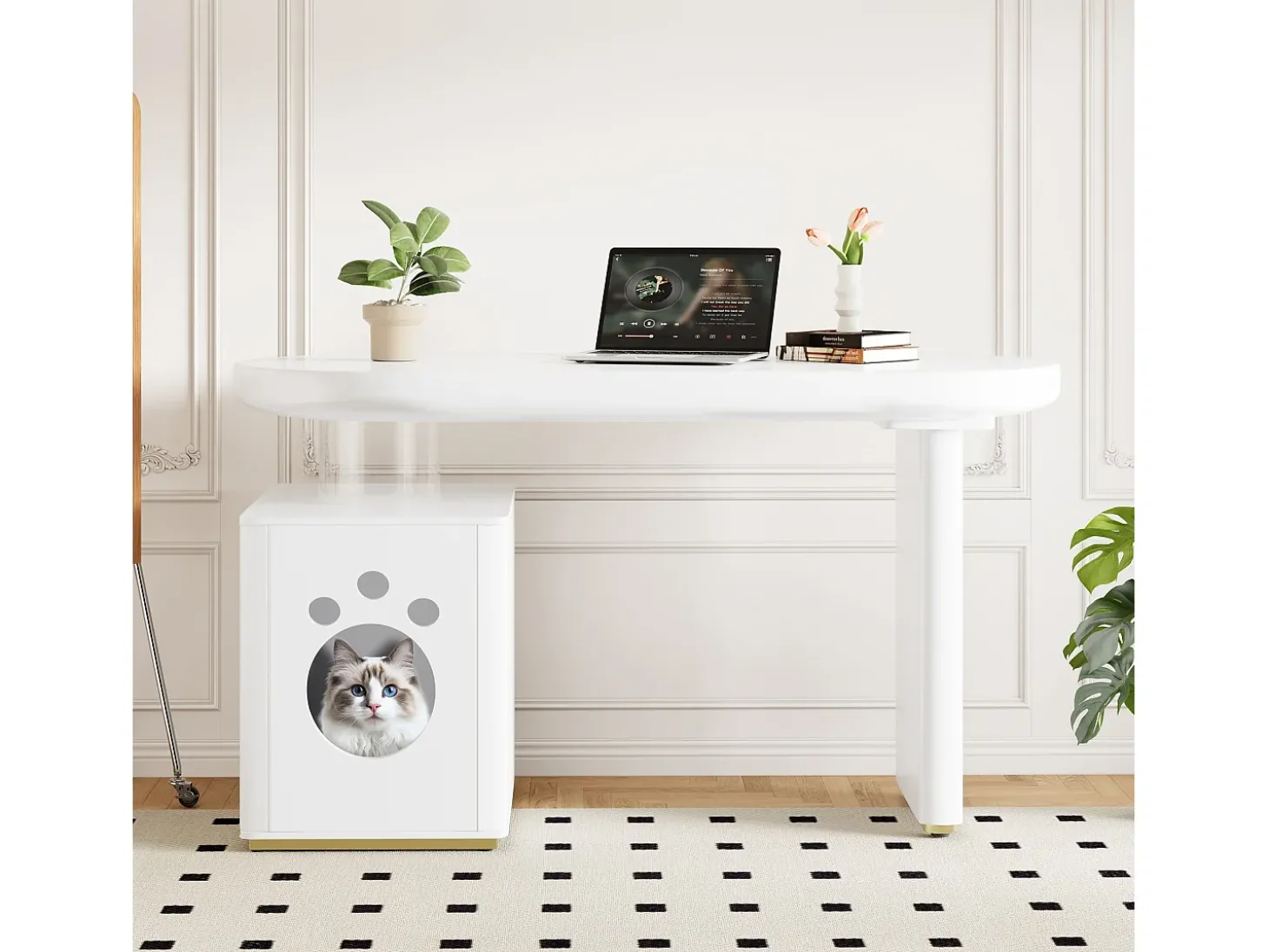 Mesa com nicho para animais - 117×50×76 cm - Pés reforçados - Para animais de porte M a XL - Acabamento laqueado - Branco