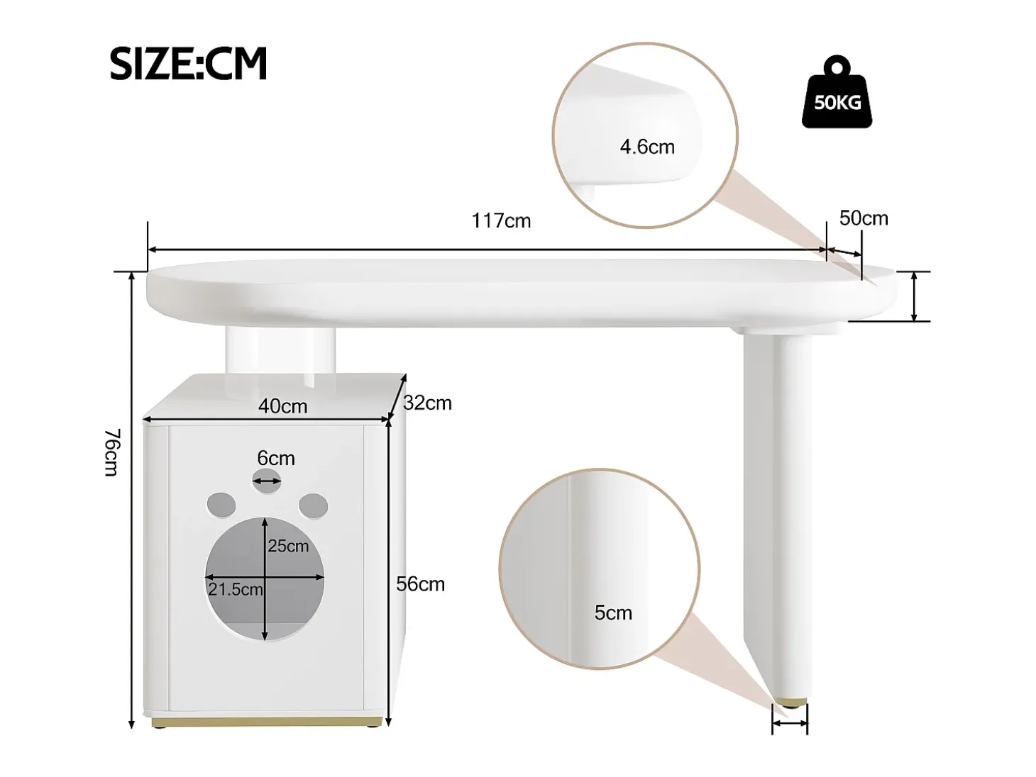Mesa com nicho para animais - 117×50×76 cm - Pés reforçados - Para animais de porte M a XL - Acabamento laqueado - Branco