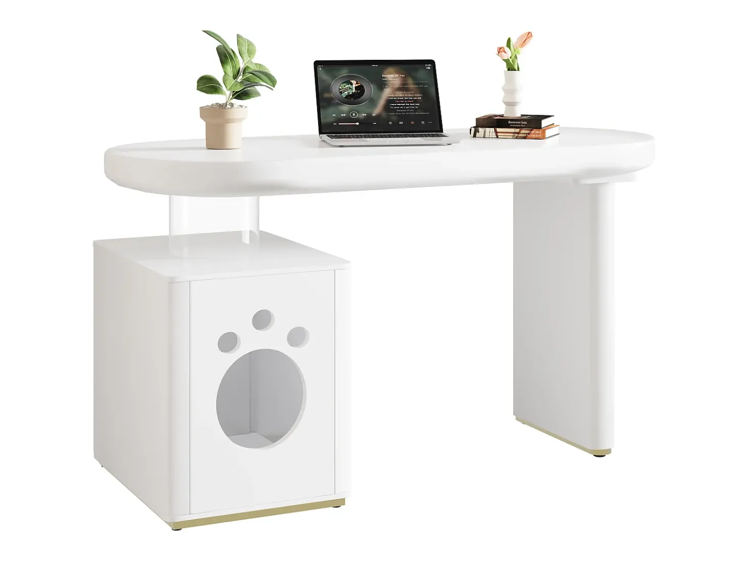 Mesa com nicho para animais - 117×50×76 cm - Pés reforçados - Para animais de porte M a XL - Acabamento laqueado - Branco