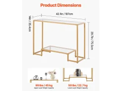Mesa Consola em Vidro SucceBuy com 2 Níveis, Retangular Moderna, Mesa de Apoio com Tabuleiro em Vidro Temperado, Pés em Ferro e Dispositivo Anti-Tombamento