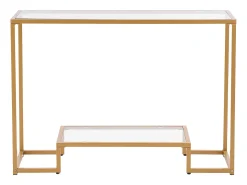 Mesa Consola em Vidro SucceBuy com 2 Níveis, Retangular Moderna, Mesa de Apoio com Tabuleiro em Vidro Temperado, Pés em Ferro e Dispositivo Anti-Tombamento