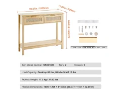 Mesa Consola em vime SucceBuy com 2 Gavetas e porta de Correr, Acabamento Natural