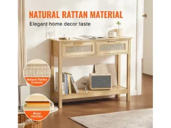 Mesa Consola em vime SucceBuy com 2 Gavetas e porta de Correr, Acabamento Natural
