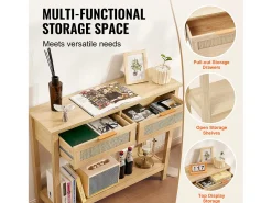 Mesa Consola em vime SucceBuy com 2 Gavetas e porta de Correr, Acabamento Natural
