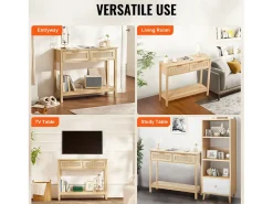 Mesa Consola em vime SucceBuy com 2 Gavetas e porta de Correr, Acabamento Natural