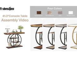 Mesa consola industrial de 41,5" com 4 níveis e base circular, mesas laterais estreitas de madeira com prateleiras de arrumação para sala de estar, corredor, hall de entrada, castanho rústico