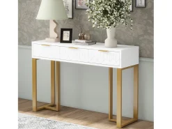 Mesa consola moderna, com 2 gavetas, pés ajustáveis, Branco e Dourado