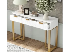 Mesa consola moderna, com 2 gavetas, pés ajustáveis, Branco e Dourado