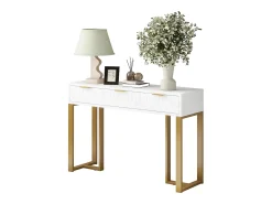 Mesa consola moderna, com 2 gavetas, pés ajustáveis, Branco e Dourado