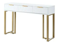 Mesa consola moderna, com 2 gavetas, pés ajustáveis, Branco e Dourado
