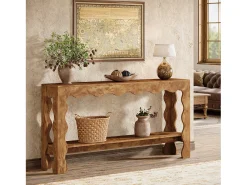 Mesa console de 160 cm, mesa de entrada estreita com dois níveis e pés franjados