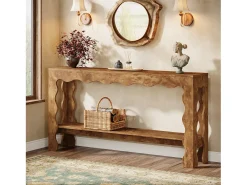 Mesa console de 160 cm, mesa de entrada estreita com dois níveis e pés franjados