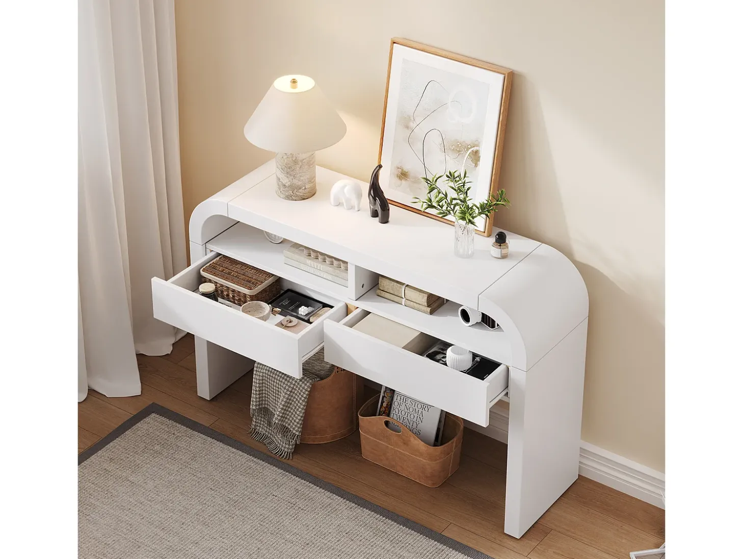 Mesa console 120x35,5x76,5cm - con 2 gavetas - Cantos arredondados - prateleiras abertas - MDF - Branco