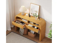 Mesa console 120x35,5x76,5cm - con 2 gavetas - Cantos arredondados - prateleiras abertas - MDF - Natural