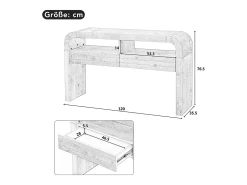 Mesa console 120x35,5x76,5cm - con 2 gavetas - Cantos arredondados - prateleiras abertas - MDF - Natural