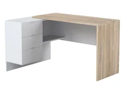 Mesa Dafage, Mesa de escritório multifuncional reversível com gavetas, Mesa de canto para PC ou mesa de escritório, 145x108h73 cm, Carvalho e Branco