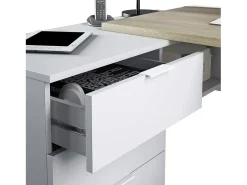 Mesa Dafage, Mesa de escritório multifuncional reversível com gavetas, Mesa de canto para PC ou mesa de escritório, 145x108h73 cm, Carvalho e Branco