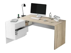 Mesa Dafage, Mesa de escritório multifuncional reversível com gavetas, Mesa de canto para PC ou mesa de escritório, 145x108h73 cm, Carvalho e Branco