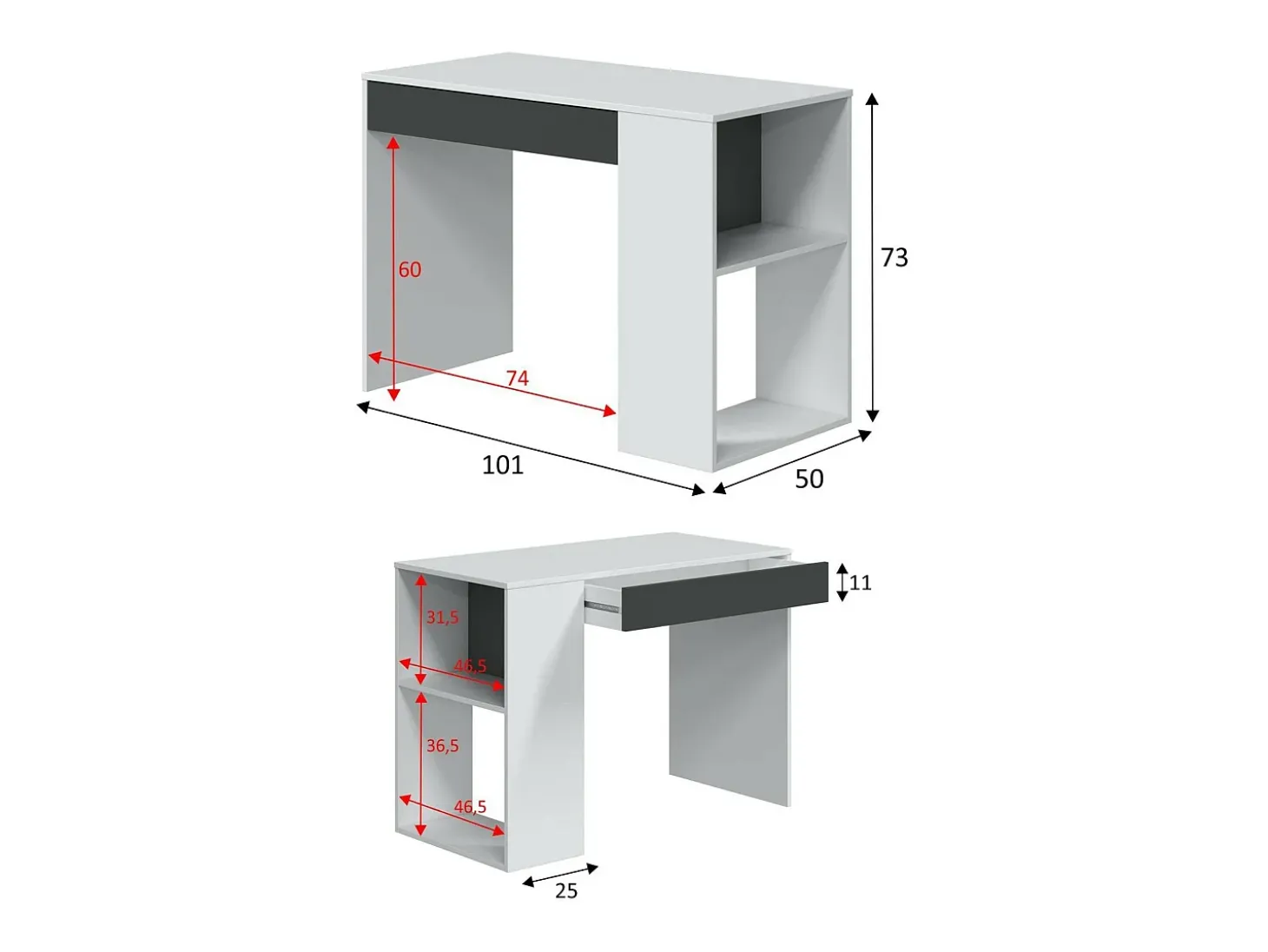 Mesa Danani, Mesa multifuncional reversível com gaveta, Mesa de estudo ou escritório para PC, 101x50h73 cm, Branco e Antracite