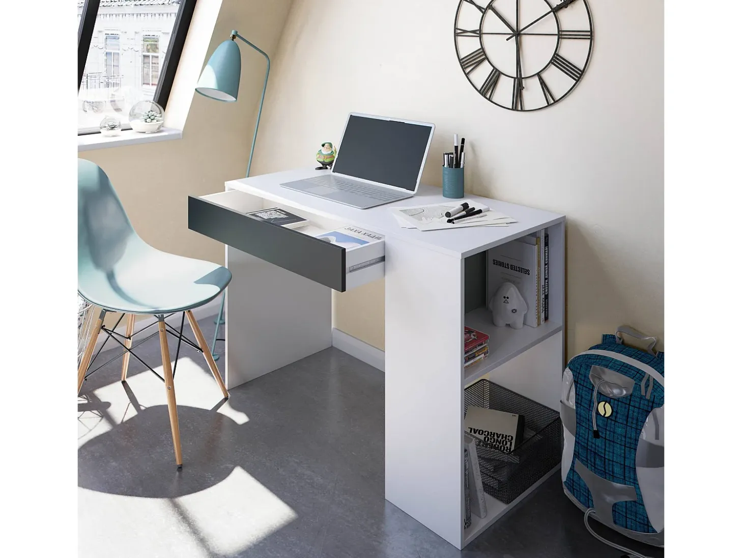 Mesa Danani, Mesa multifuncional reversível com gaveta, Mesa de estudo ou escritório para PC, 101x50h73 cm, Branco e Antracite