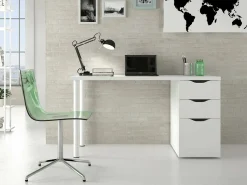 Mesa Ddamic, Mesa de escritório multifuncional reversível, Mesa de estudo com cômoda com 2 gavetas e 1 porta, 138x60h74 cm, Branco