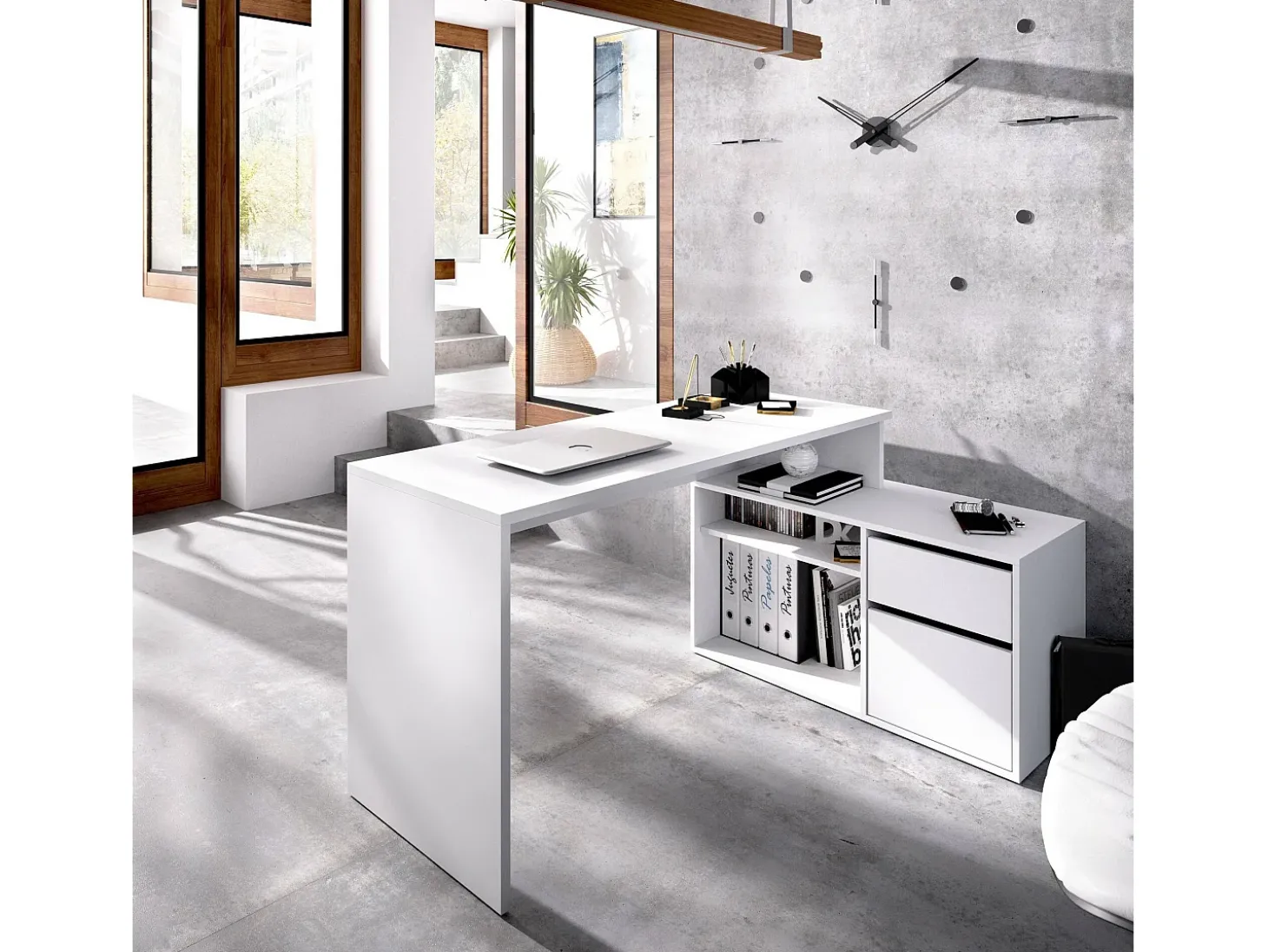 Mesa Ddiaw, Mesa multiposições para escritório ou quarto, Mesa de estudo multifuncional de canto, 139x92h75 cm, Branco