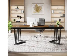 Mesa de 200 cm para 2 pessoas com estrutura metálica geométrica sólida - Mesa de reunião ou seminário para 8 a 10 pessoas - Castanho rústico
