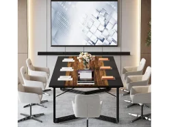 Mesa de 200 cm para 2 pessoas com estrutura metálica geométrica sólida - Mesa de reunião ou seminário para 8 a 10 pessoas - Castanho rústico