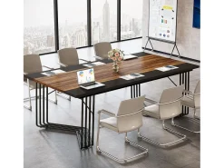 Mesa de 200 cm para 2 pessoas com estrutura metálica geométrica sólida - Mesa de reunião ou seminário para 8 a 10 pessoas - Castanho rústico