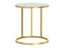 Mesa de apoio 45 cm dourada e vidro temperado branco mármore
