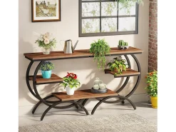 Mesa de apoio em madeira, pequena mesa baixa, mesa de cabeceira, apoio para sofá com 3 prateleiras para sala, quarto, marrom escuro