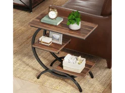 Mesa de apoio em madeira, pequena mesa baixa, mesa de cabeceira, apoio para sofá com 3 prateleiras para sala, quarto, marrom escuro