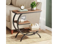 Mesa de apoio em madeira, pequena mesa baixa, mesa de cabeceira, apoio para sofá com 3 prateleiras para sala, quarto, marrom escuro