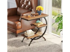 Mesa de apoio em madeira, pequena mesa baixa, mesa de cabeceira, apoio para sofá com 3 prateleiras para sala, quarto, marrom escuro