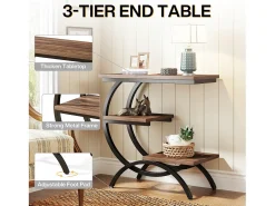 Mesa de apoio em madeira, pequena mesa baixa, mesa de cabeceira, apoio para sofá com 3 prateleiras para sala, quarto, marrom escuro